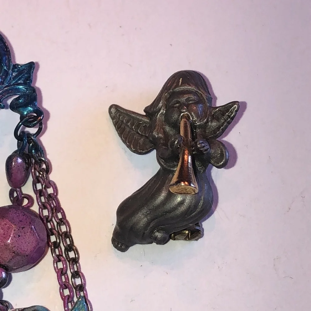 Angel Pins & Charm Colorful Boho Brooch Pewter Shoulder Pin Silver Tone Charm